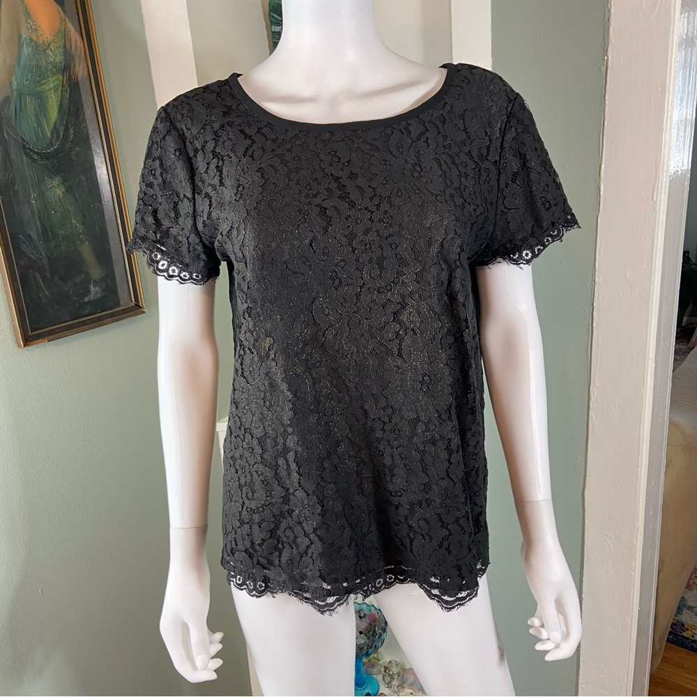 Joie Black Sheer Lace Short Sleeve Top Blouse Shirt Large L Metallic Mariela